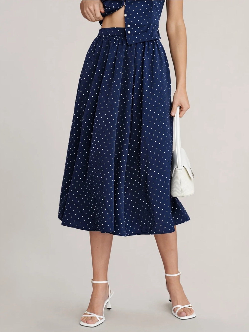 Rihoas Blue Polka Dot Pockets Midi Skirt